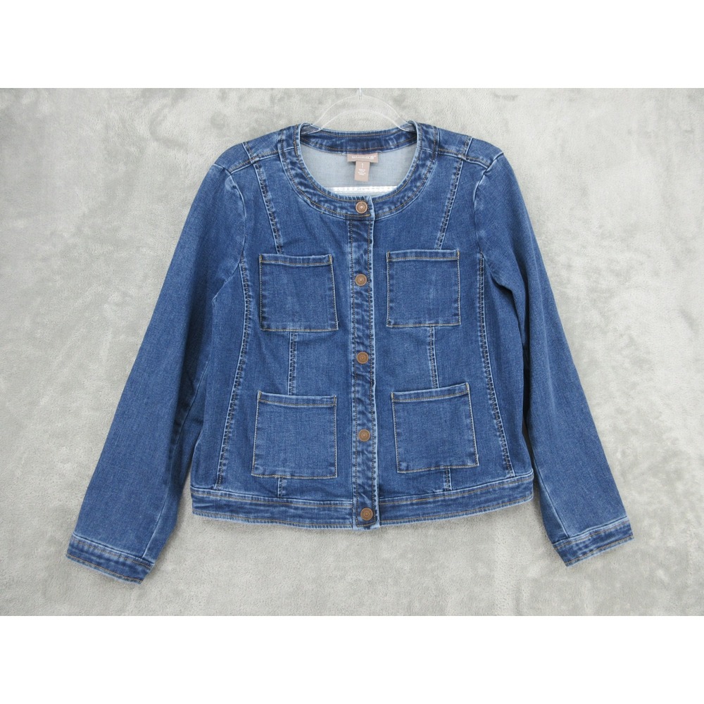 Chicos Jacket Womens Size 1 Medium Utility Dark Wash Denim Button Casual Classic